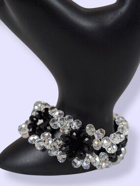 Clear & Black Floral Crystal Stretch Bracelet